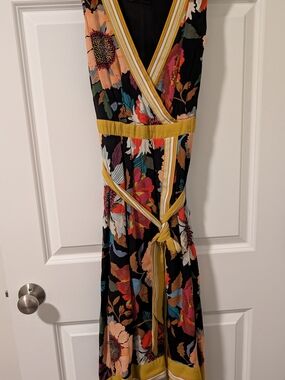 Maeve Black Floral Midi Wrap Dress with Mustard Trim